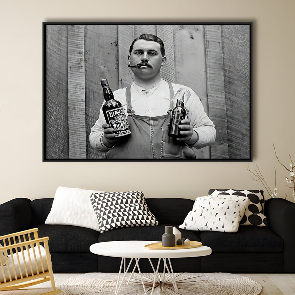 Man Smoking Cigar Holding Whiskey Bottle Print, Alcohol Framed Canvas Print Wall Art, Black and White, Man Cave Decor