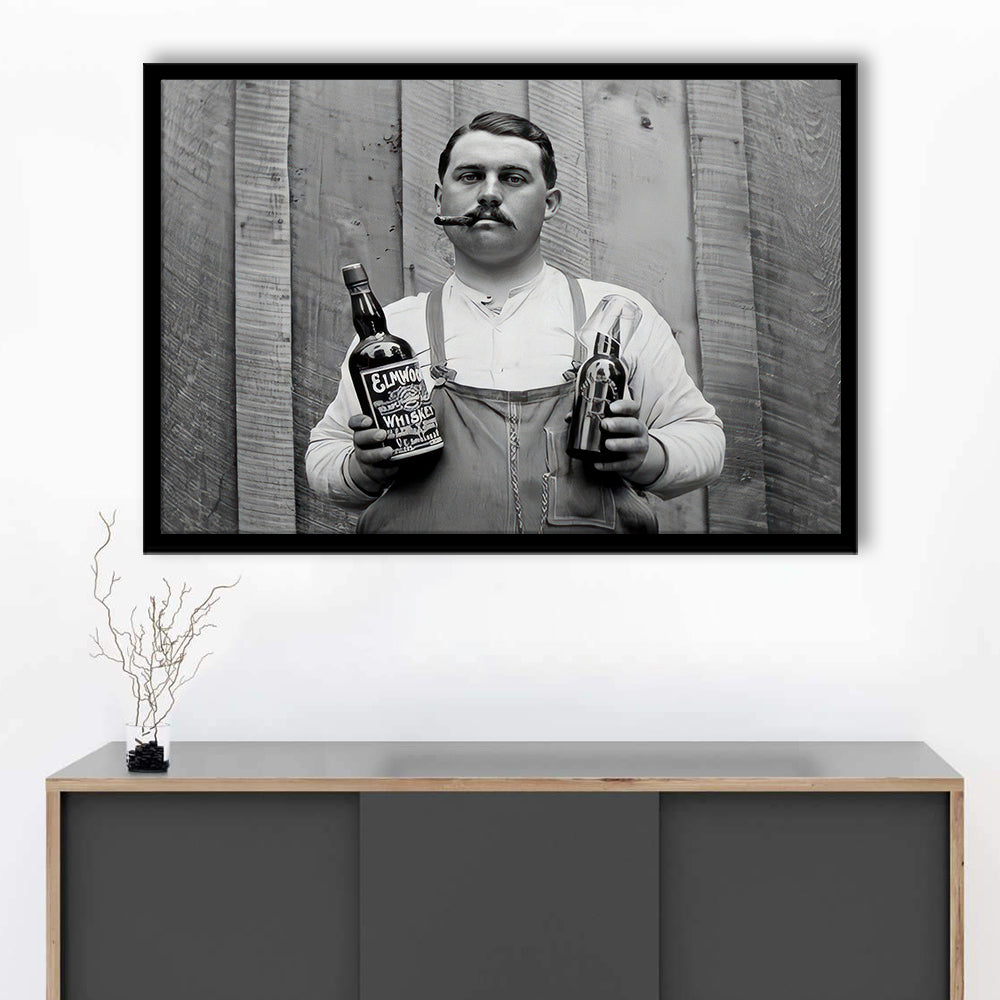 Man Smoking Cigar Holding Whiskey Bottle Print, Alcohol Framed Art Print Wall Decor, Black and White, Man Cave Decor
