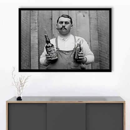 Man Smoking Cigar Holding Whiskey Bottle Print, Alcohol Framed Art Print Wall Decor, Black and White, Man Cave Decor