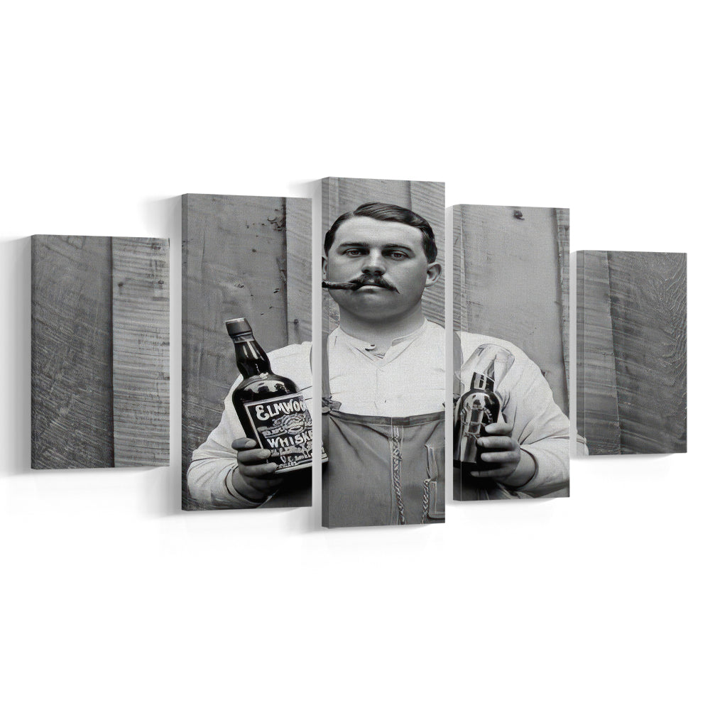 Man Smoking Cigar Holding Whiskey Bottle Print, Alcohol Mixed Canvas Print Wall Art, Black and White, Man Cave Decor