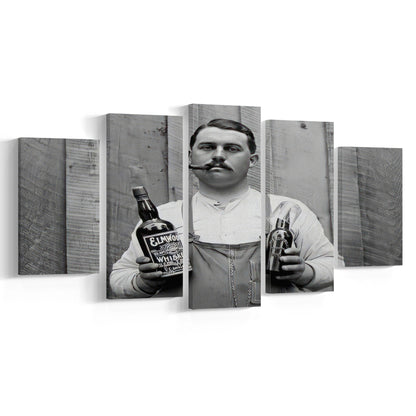 Man Smoking Cigar Holding Whiskey Bottle Print, Alcohol Mixed Canvas Print Wall Art, Black and White, Man Cave Decor