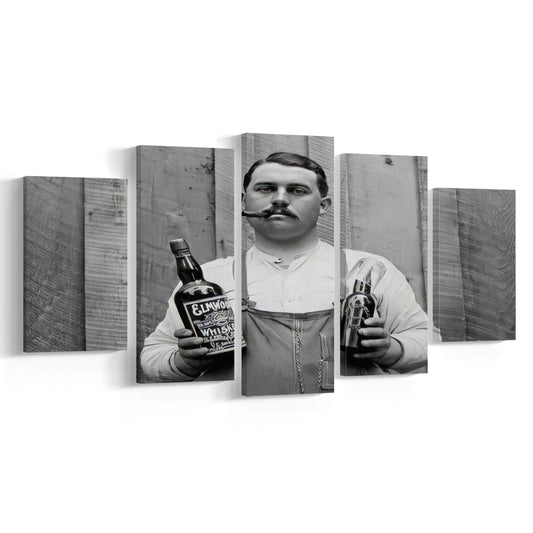 Man Smoking Cigar Holding Whiskey Bottle Print, Alcohol Mixed Canvas Print Wall Art, Black and White, Man Cave Decor
