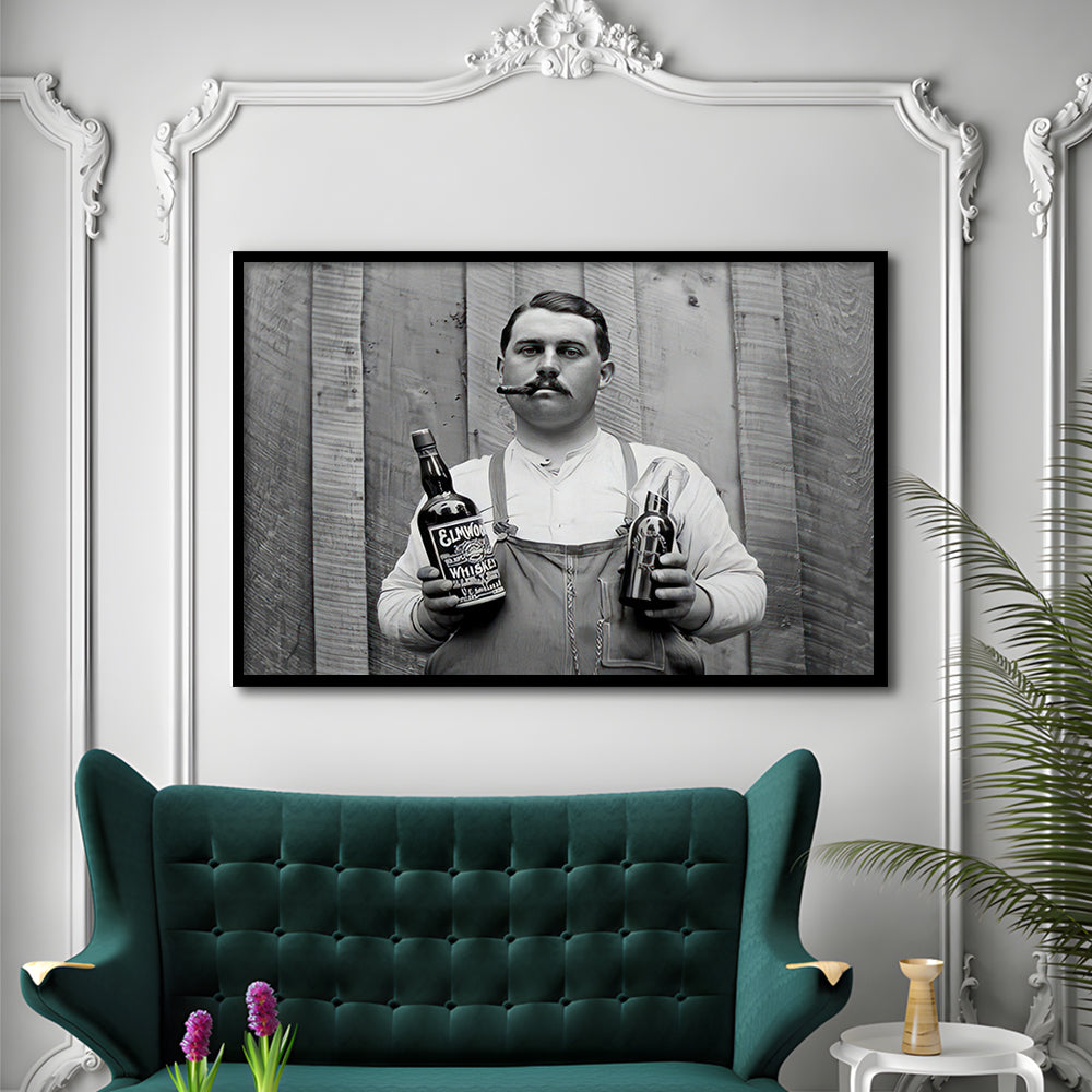 Man Smoking Cigar Holding Whiskey Bottle Print, Alcohol Framed Art Print Wall Decor, Black and White, Man Cave Decor