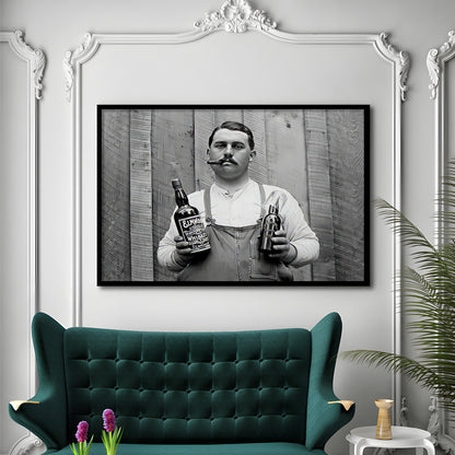 Man Smoking Cigar Holding Whiskey Bottle Print, Alcohol Framed Art Print Wall Decor, Black and White, Man Cave Decor