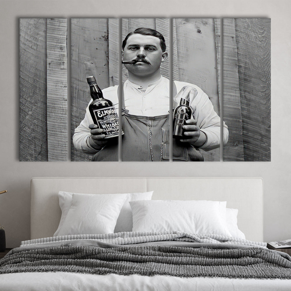Man Smoking Cigar Holding Whiskey Bottle Print, Alcohol 5 Panels Canvas Print Wall Art, Black and White, Man Cave Decor