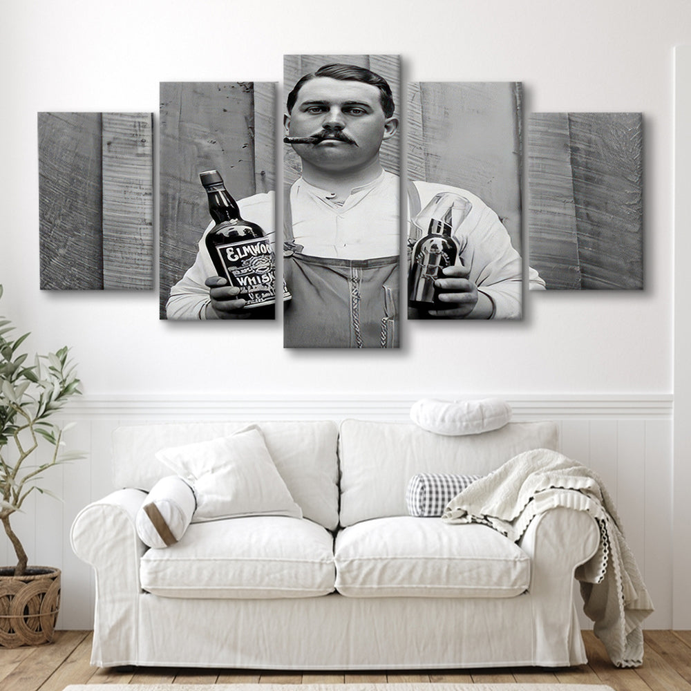 Man Smoking Cigar Holding Whiskey Bottle Print, Alcohol Mixed Canvas Print Wall Art, Black and White, Man Cave Decor