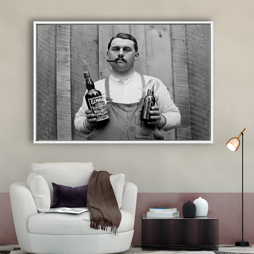 Man Smoking Cigar Holding Whiskey Bottle Print, Alcohol Framed Canvas Print Wall Art, Black and White, Man Cave Decor