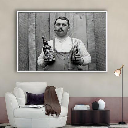 Man Smoking Cigar Holding Whiskey Bottle Print, Alcohol Framed Canvas Print Wall Art, Black and White, Man Cave Decor