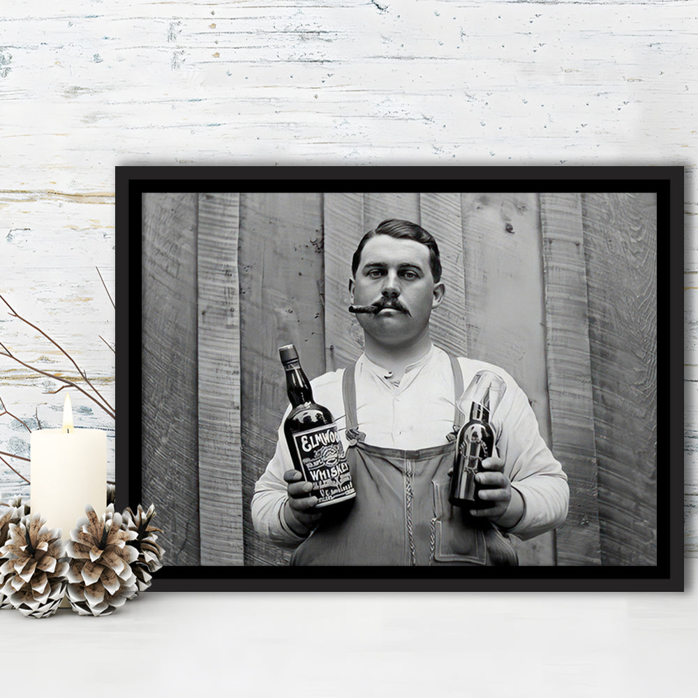 Man Smoking Cigar Holding Whiskey Bottle Print, Alcohol Framed Canvas Print Wall Art, Black and White, Man Cave Decor