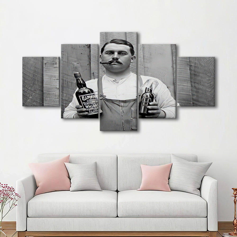 Man Smoking Cigar Holding Whiskey Bottle Print, Alcohol Mixed Canvas Print Wall Art, Black and White, Man Cave Decor