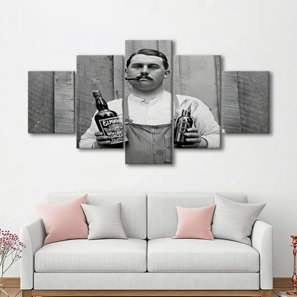 Man Smoking Cigar Holding Whiskey Bottle Print, Alcohol Mixed Canvas Print Wall Art, Black and White, Man Cave Decor