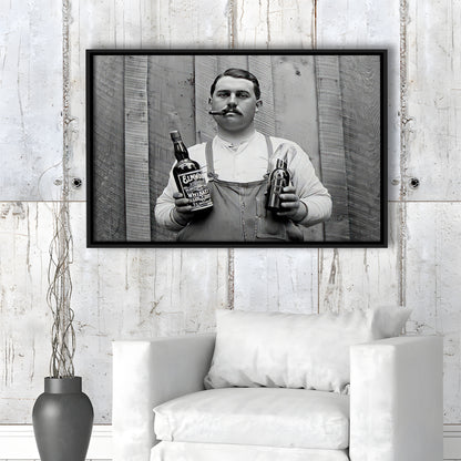 Man Smoking Cigar Holding Whiskey Bottle Print, Alcohol Framed Canvas Print Wall Art, Black and White, Man Cave Decor