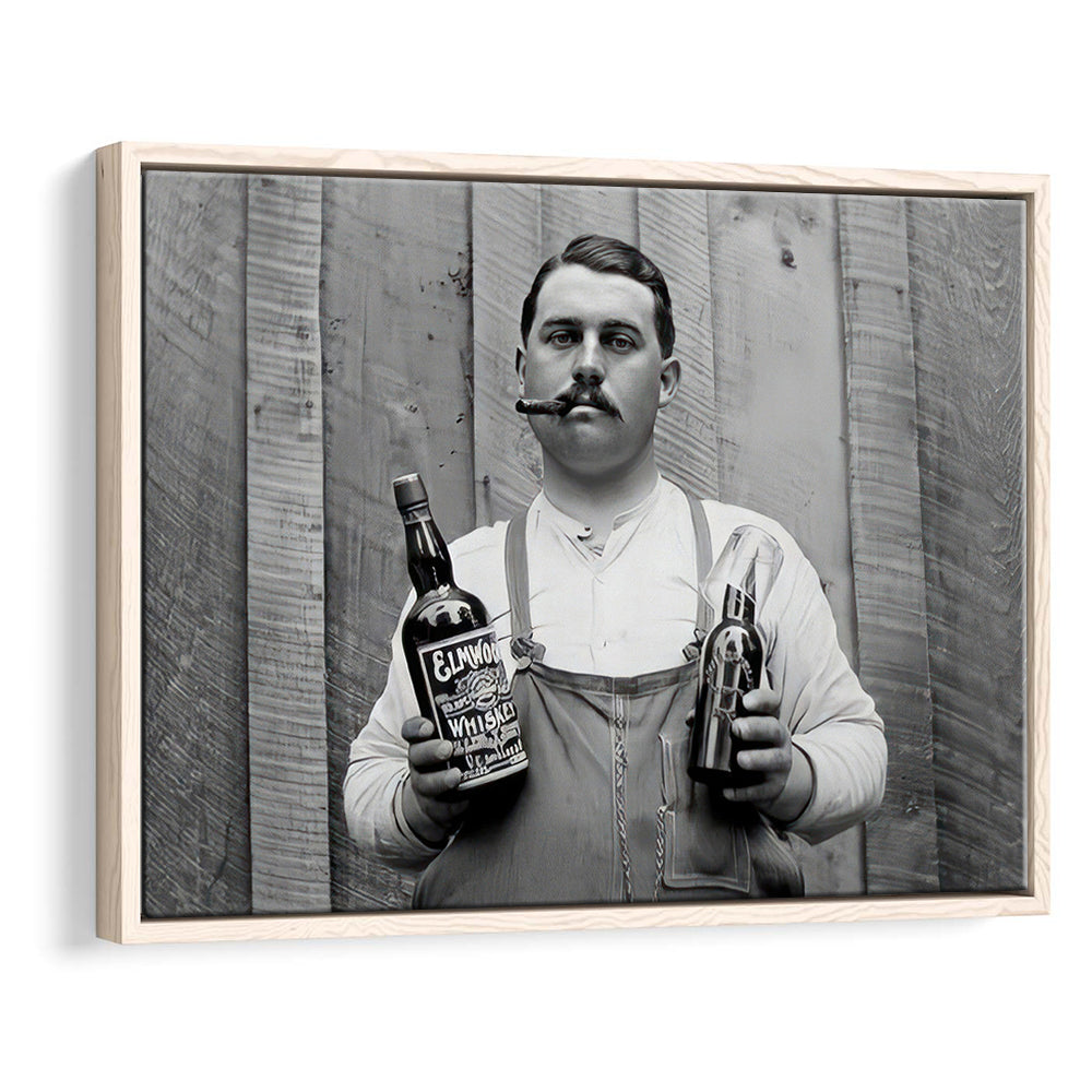 Man Smoking Cigar Holding Whiskey Bottle Print, Alcohol Framed Canvas Print Wall Art, Black and White, Man Cave Decor