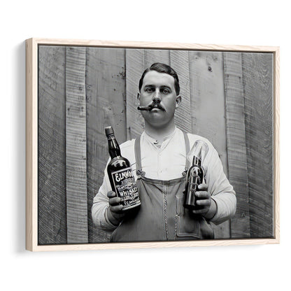 Man Smoking Cigar Holding Whiskey Bottle Print, Alcohol Framed Canvas Print Wall Art, Black and White, Man Cave Decor