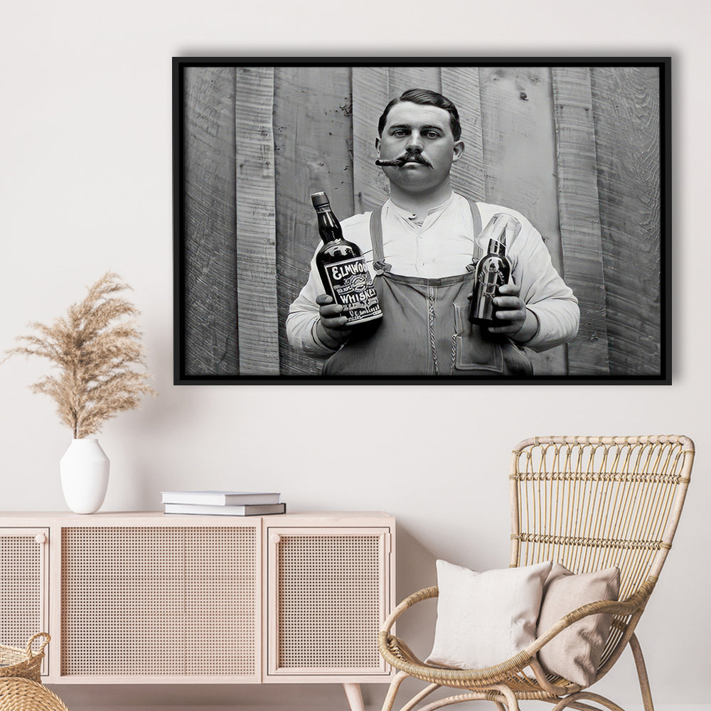 Man Smoking Cigar Holding Whiskey Bottle Print, Alcohol Framed Canvas Print Wall Art, Black and White, Man Cave Decor