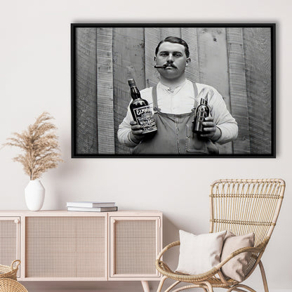 Man Smoking Cigar Holding Whiskey Bottle Print, Alcohol Framed Canvas Print Wall Art, Black and White, Man Cave Decor