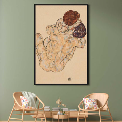 Man And Woman By Egon Schiele Print, Egon Schiele Wall Art Print, Framed Canvas Print, Floating Frame