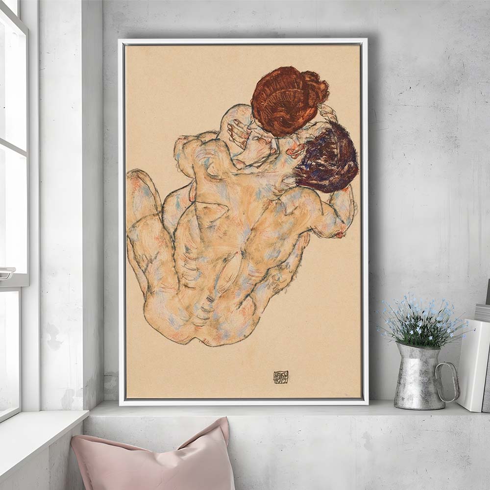 Man And Woman By Egon Schiele Print, Egon Schiele Wall Art Print, Framed Canvas Print, Floating Frame