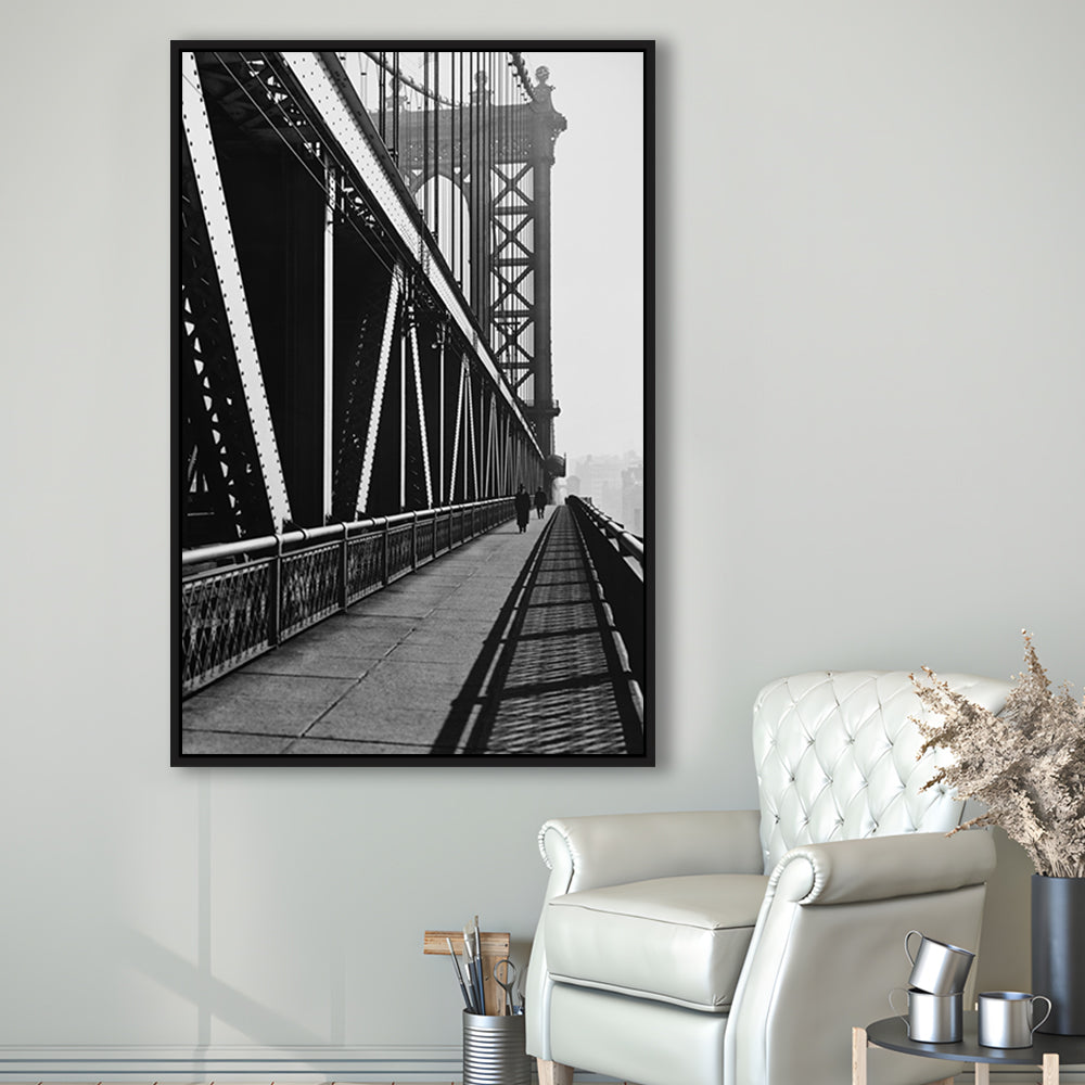 Manhattan Bridge New York City Architecture Print Black and White Art, Floating Framed Canvas Print