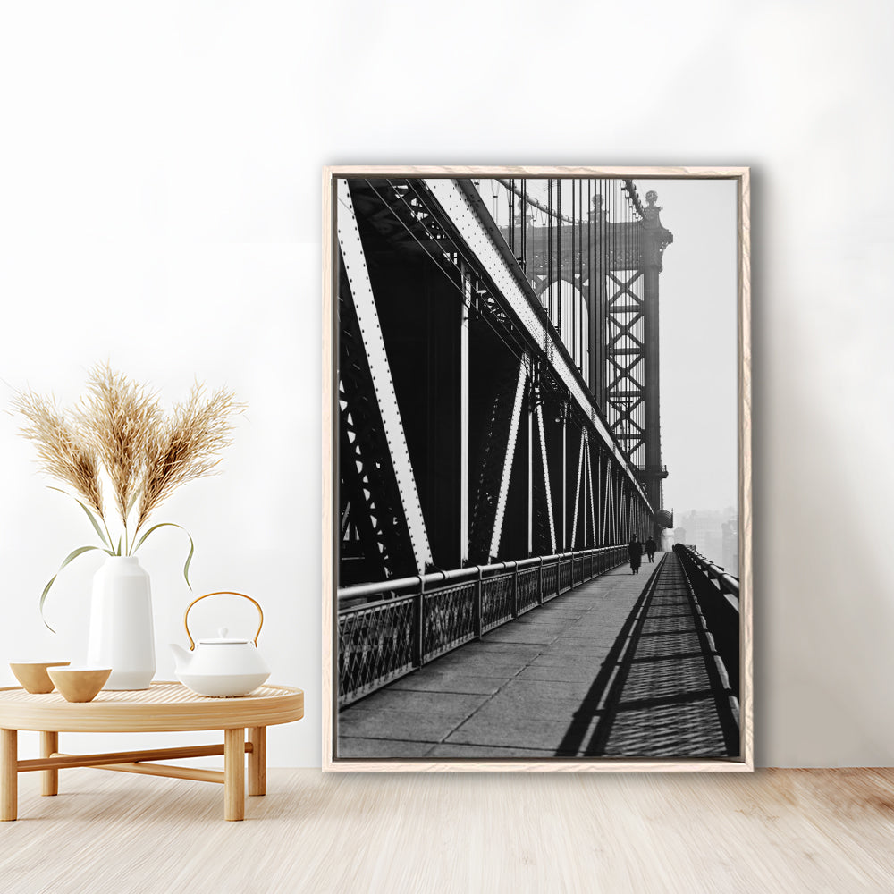 Manhattan Bridge New York City Architecture Print Black and White Art, Floating Framed Canvas Print