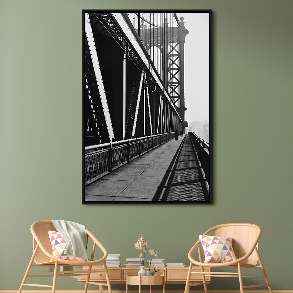 Manhattan Bridge New York City Architecture Print Black and White Art, Floating Framed Canvas Print