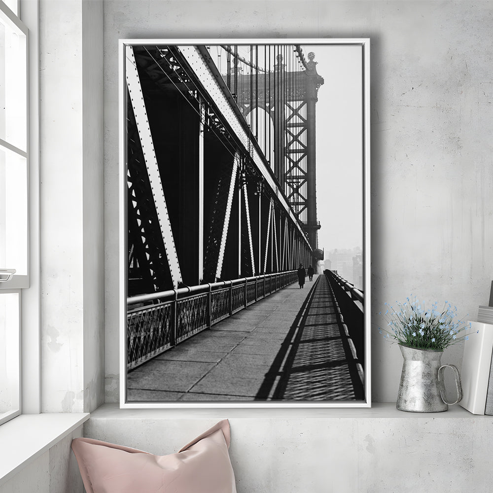 Manhattan Bridge New York City Architecture Print Black and White Art, Floating Framed Canvas Print