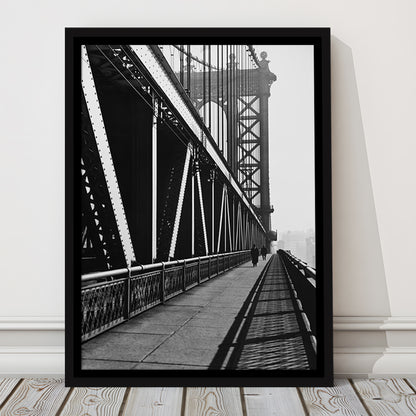 Manhattan Bridge New York City Architecture Print Black and White Art, Floating Framed Canvas Print