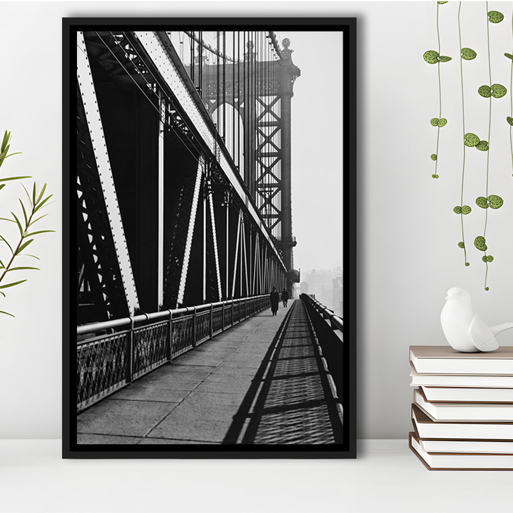 Manhattan Bridge New York City Architecture Print Black and White Art, Floating Framed Canvas Print