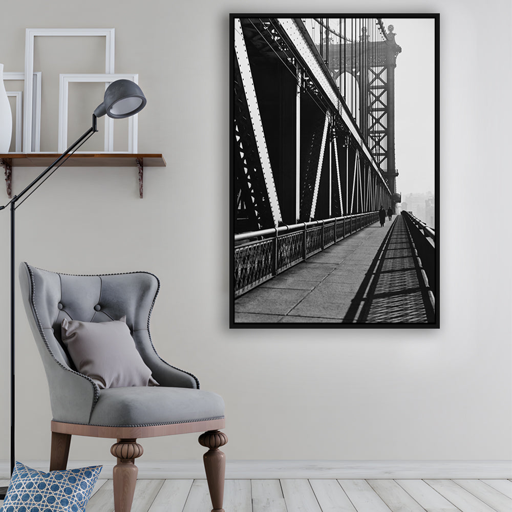 Manhattan Bridge New York City Architecture Print Black and White Art, Floating Framed Canvas Print