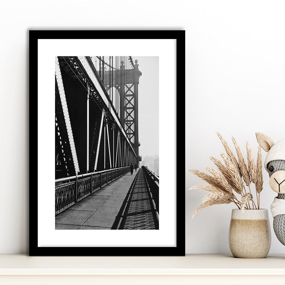 Manhattan Bridge New York City Architecture Print Black and White Art, Framed Art Print White Border Wall Decor