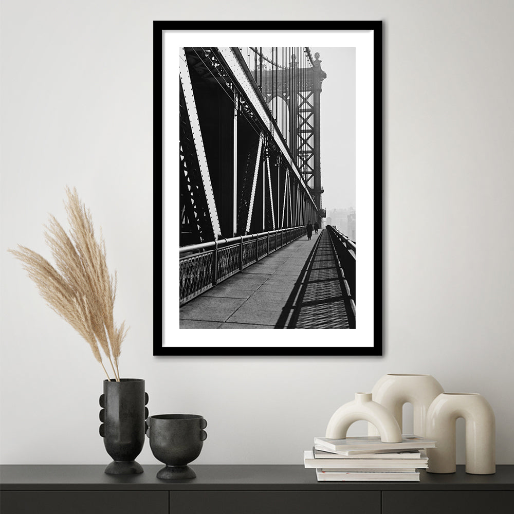 Manhattan Bridge New York City Architecture Print Black and White Art, Framed Art Print White Border Wall Decor