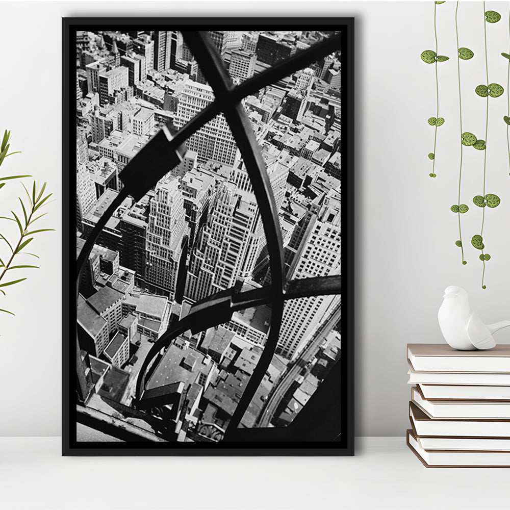 Manhattan New York City View Architecture Print Black and White Art, Floating Framed Canvas Print