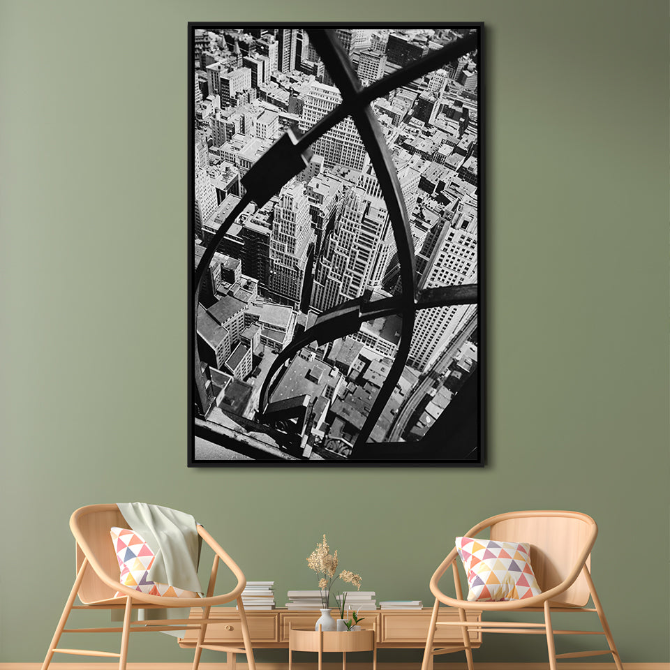 Manhattan New York City View Architecture Print Black and White Art, Floating Framed Canvas Print