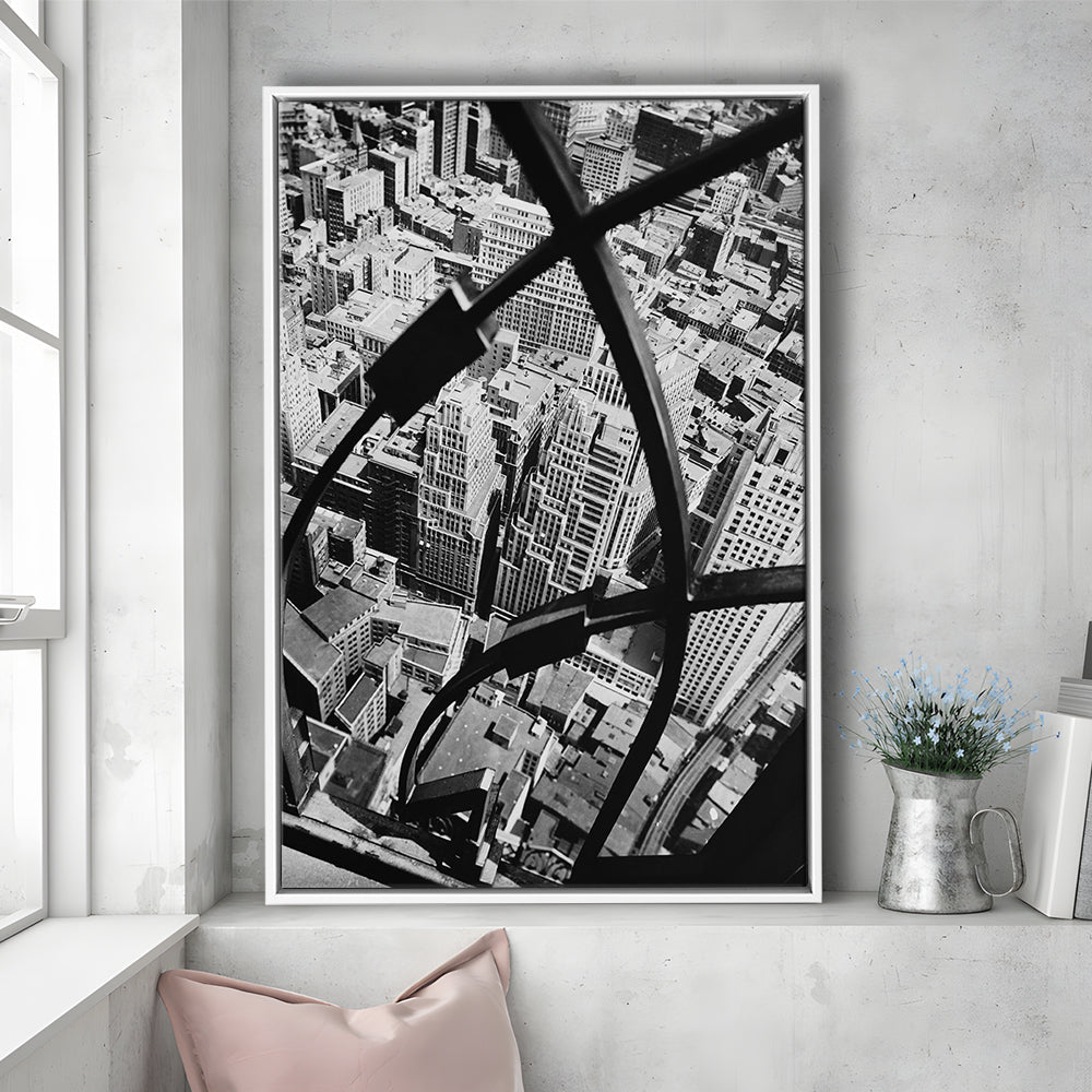 Manhattan New York City View Architecture Print Black and White Art, Floating Framed Canvas Print