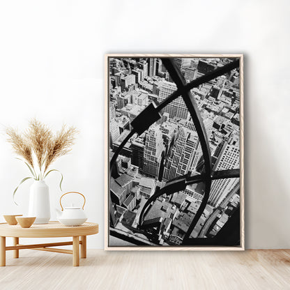 Manhattan New York City View Architecture Print Black and White Art, Floating Framed Canvas Print