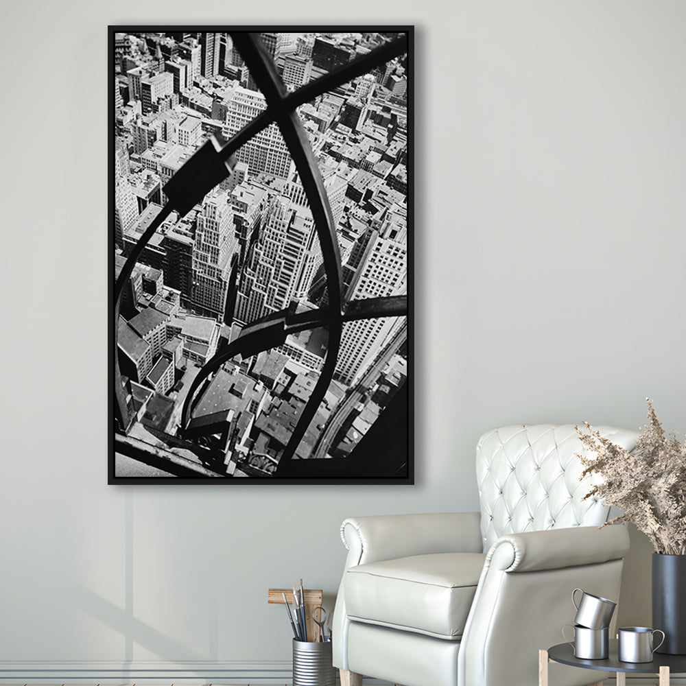 Manhattan New York City View Architecture Print Black and White Art, Floating Framed Canvas Print