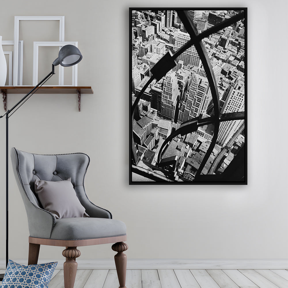 Manhattan New York City View Architecture Print Black and White Art, Floating Framed Canvas Print