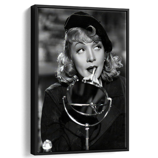 Marlene Dietrich Lipstick Framed Canvas Print Wall Art, Black and White, Vintage Fashion Photo, Bathroom Wall Decor
