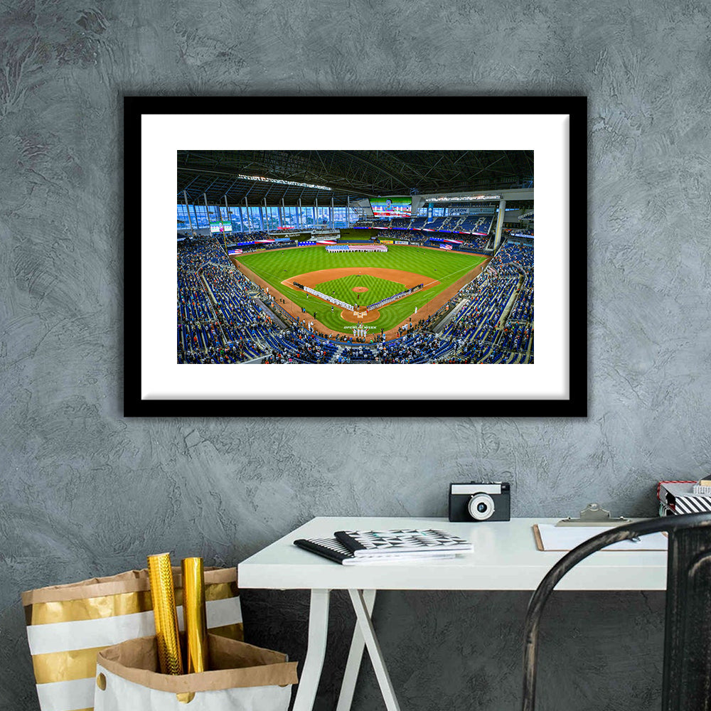 Marlins Park, Stadium Canvas, Sport Art, Gift for him, White Border Framed Art Print Wall Decor