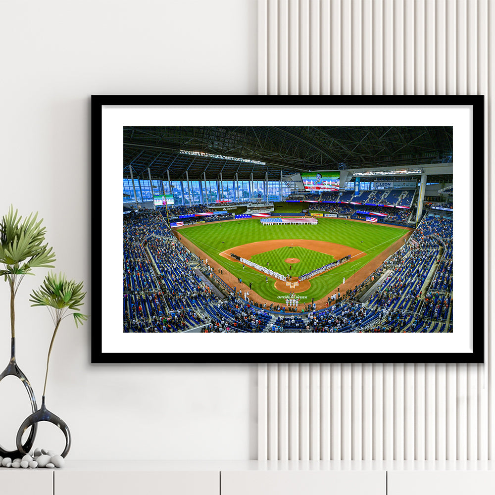 Marlins Park, Stadium Canvas, Sport Art, Gift for him, White Border Framed Art Print Wall Decor