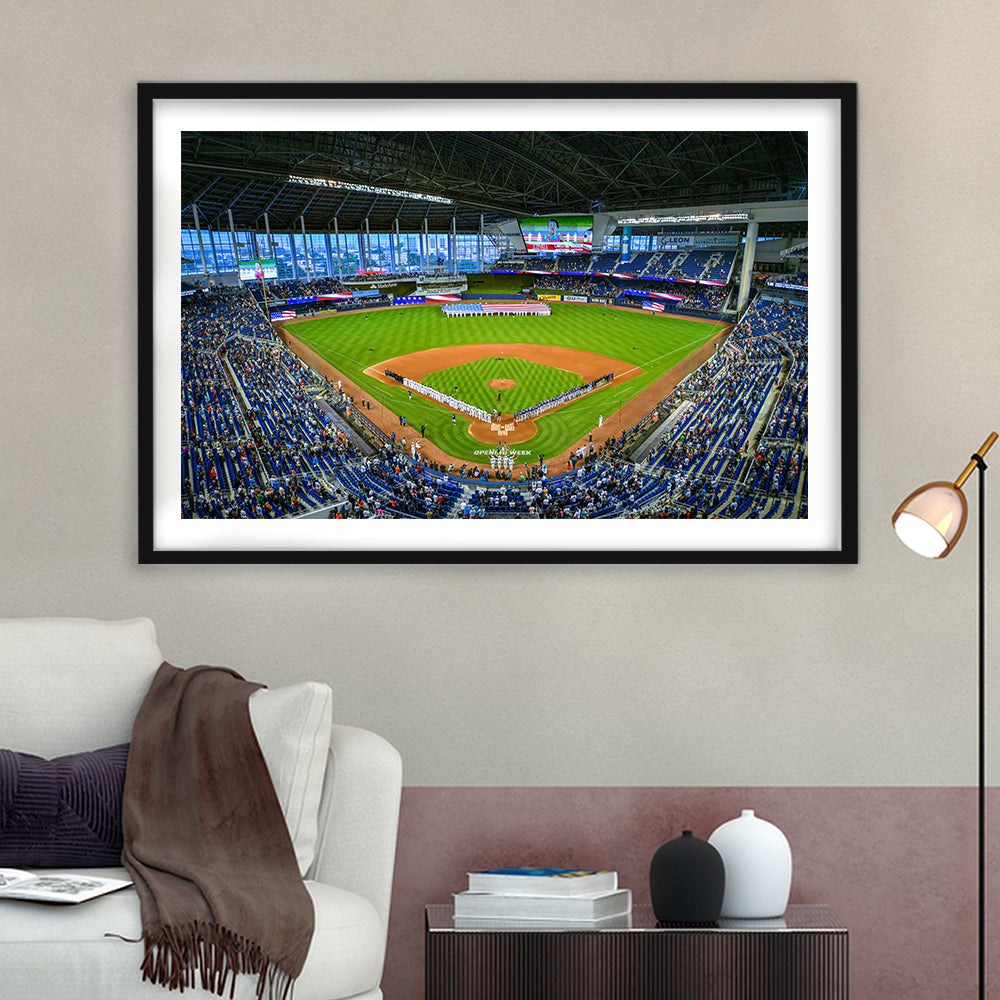 Marlins Park, Stadium Canvas, Sport Art, Gift for him, White Border Framed Art Print Wall Decor