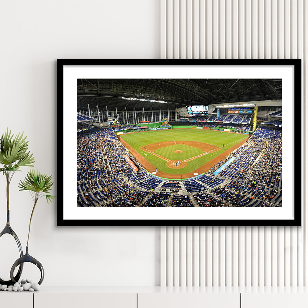 Marlins Park Stadium, Stadium Canvas, Sport Art, Gift for him, White Border Framed Art Print Wall Decor