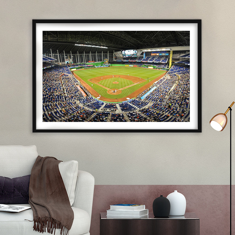 Marlins Park Stadium, Stadium Canvas, Sport Art, Gift for him, White Border Framed Art Print Wall Decor