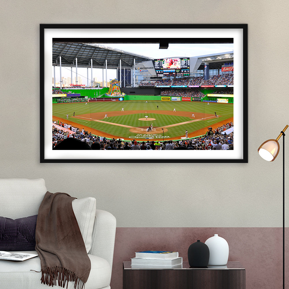 Marlins Park in Miami, Stadium Canvas, Sport Art, Gift for him, White Border Framed Art Print Wall Decor