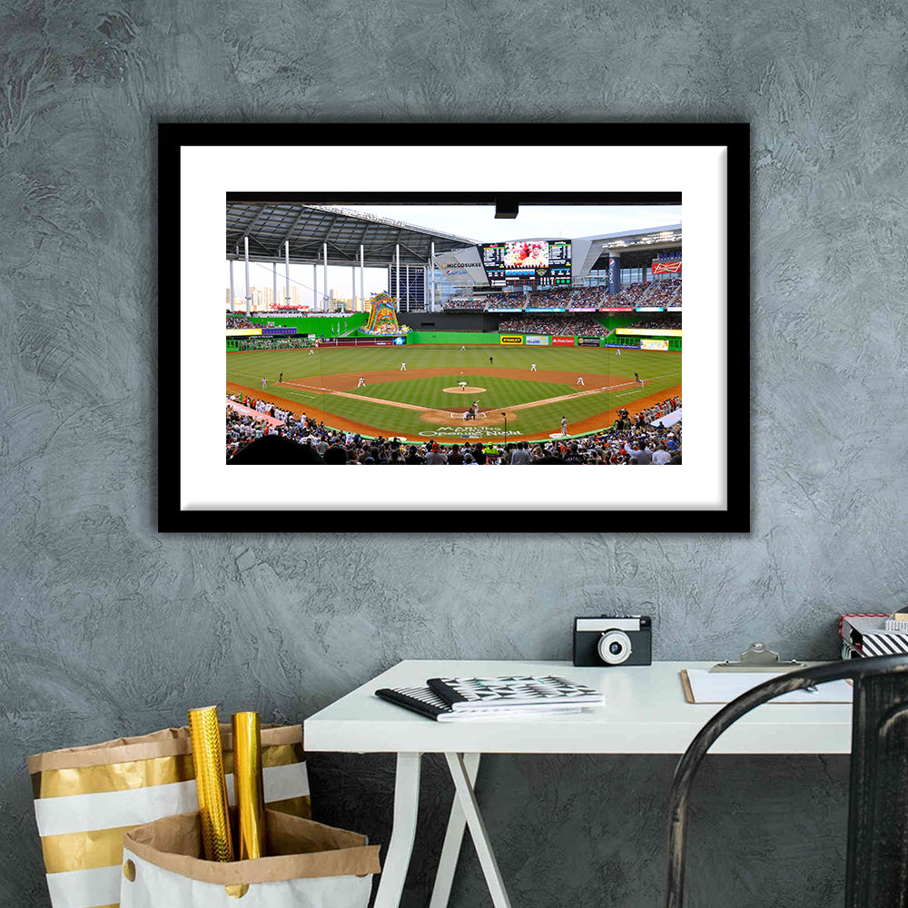 Marlins Park in Miami, Stadium Canvas, Sport Art, Gift for him, White Border Framed Art Print Wall Decor