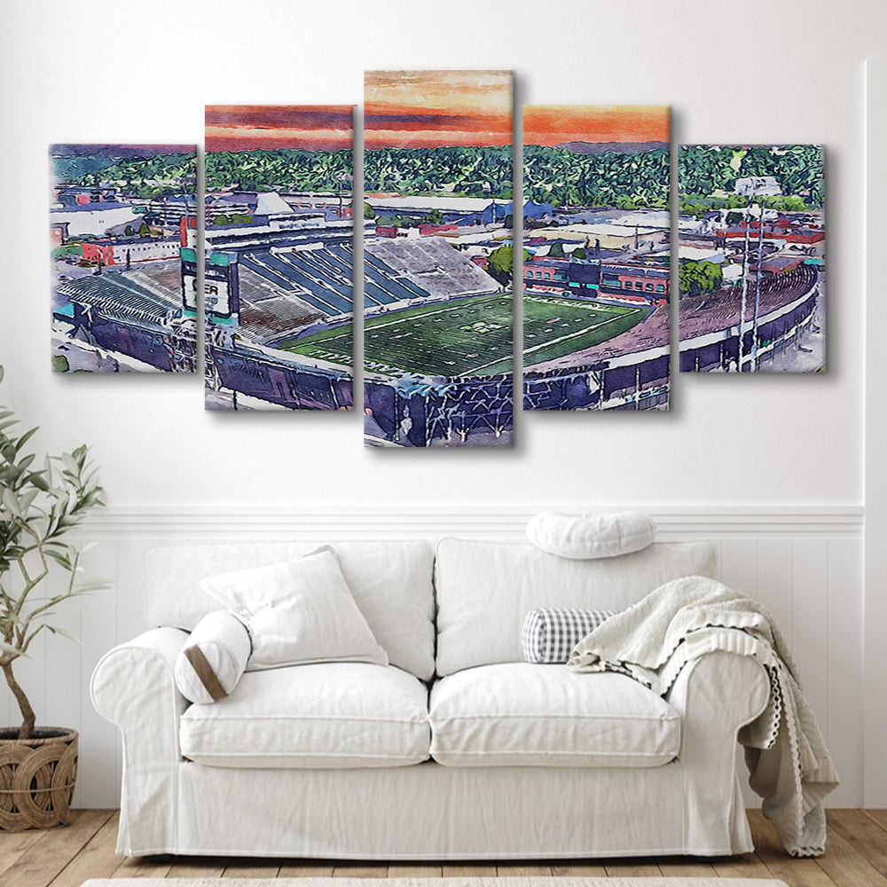 Marshall Thundering Herd, Joan C Edwards Painting Stadium Watercolor, Sport Art, Mixed 5 Panel, Canvas Print Wall Art