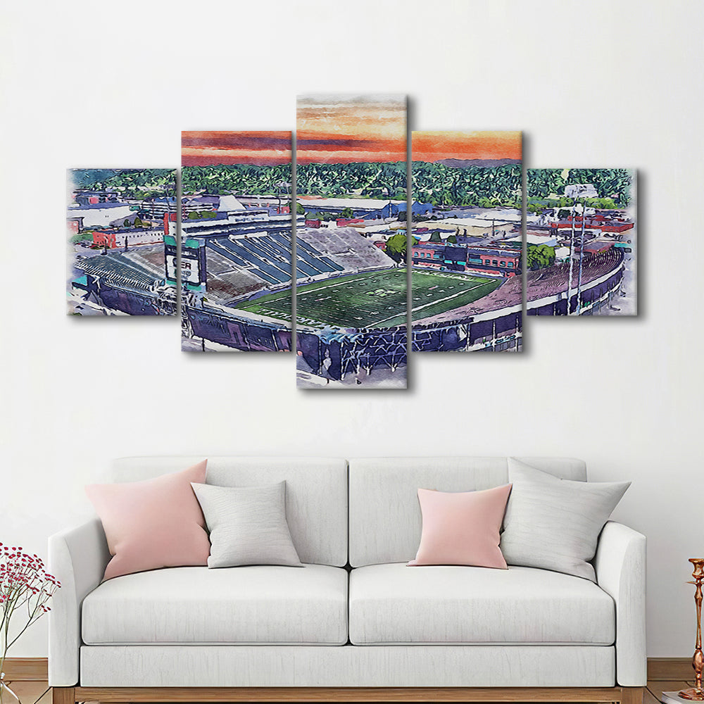 Marshall Thundering Herd, Joan C Edwards Painting Stadium Watercolor, Sport Art, Mixed 5 Panel, Canvas Print Wall Art