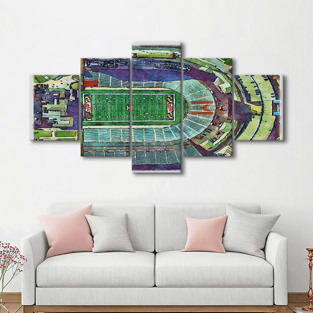 Maryland Painting Stadium Watercolor, College Park Maryland Watercolor, Sport Art, Mixed 5 Panel, Canvas Print Wall Art