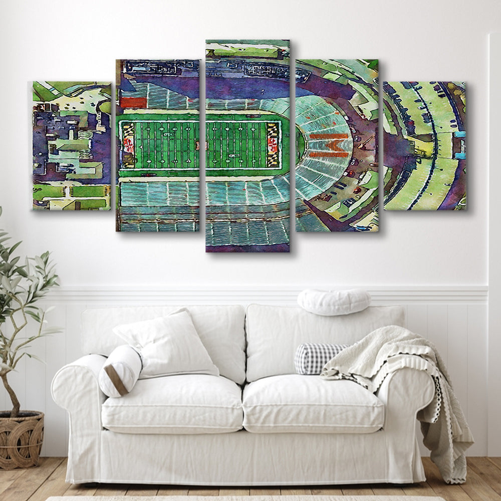 Maryland Painting Stadium Watercolor, College Park Maryland Watercolor, Sport Art, Mixed 5 Panel, Canvas Print Wall Art