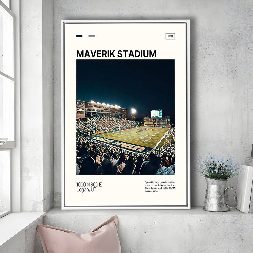 Maverik Stadium Print, Utah State Aggies Stadium Canvas Art, Man Cave Gift, Floating Framed Canvas Print Wall Art